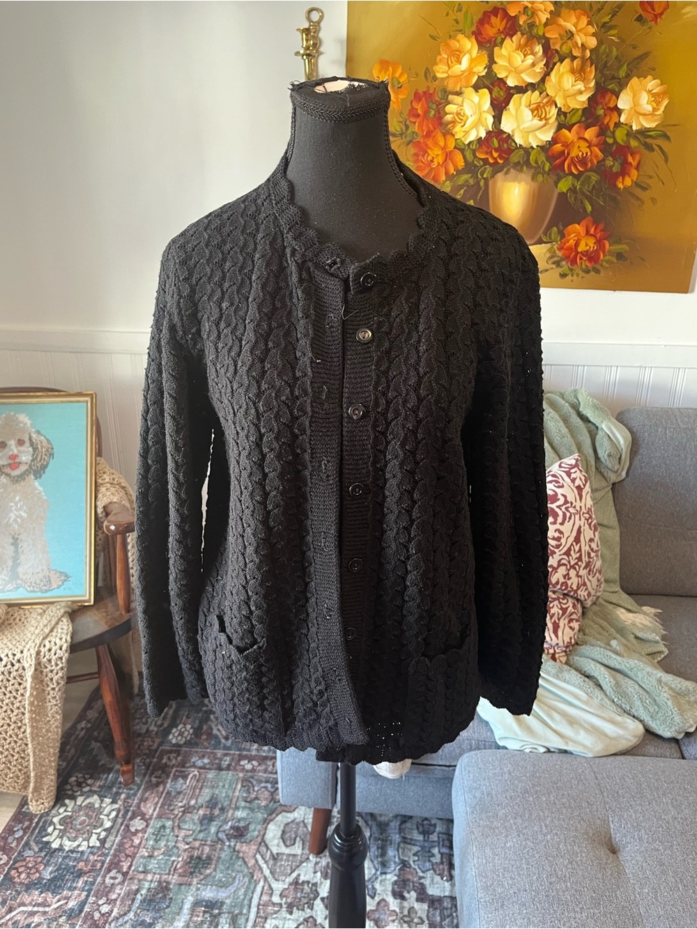 Womens Black Knit Button-Up Cardigan Sweater Cottagecore Nannycore M